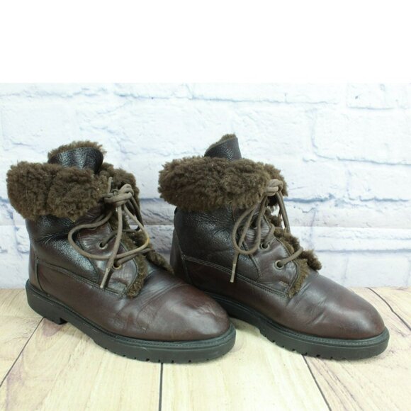 *Santana Brown Leather Lace Up Fur Cuff Paddock Ankle Boots Size 10.5 Inches - Picture 3 of 9